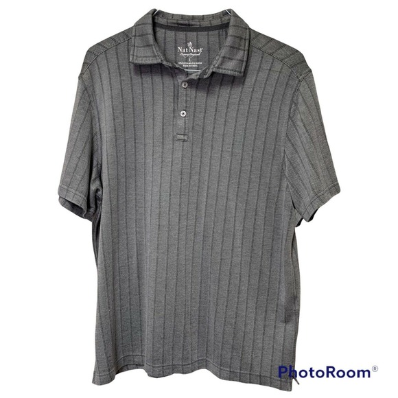 Nat Nast Mens Large Gray Striped Polo Shirt Rayon Polyester Blend Soft - Picture 1 of 12